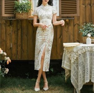 Floral White Cheongsam Dress